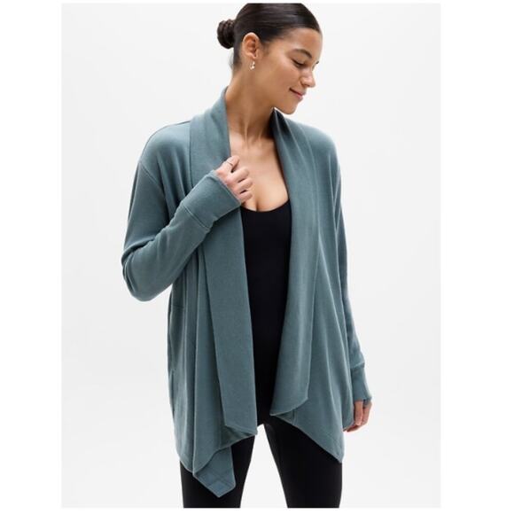 Athleta Sweater Womens Large Petite Blue Green Pranayama Restore Wrap Open Yoga - Picture 1 of 8